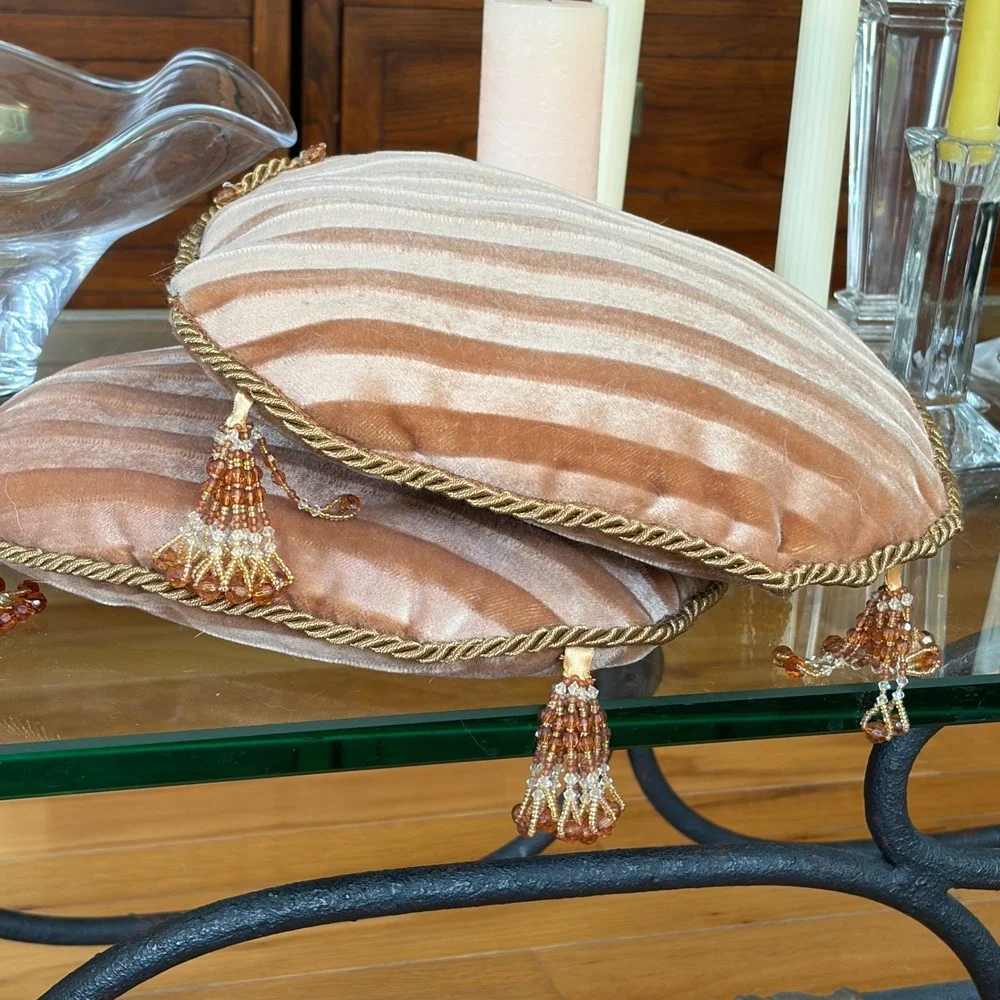 Vintage Brown Copper Gold Velvet Pillows Beaded Tassel Fringe Stripes 10